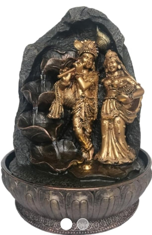 Radha Krishna Tabletop Water Fountain, Decorative Indoor Fountain with LED Lights, Antique Gold and Black