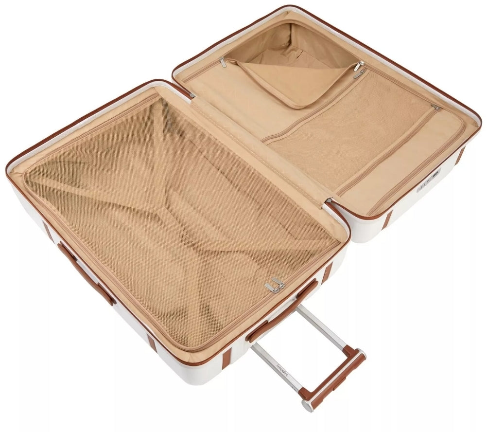 Highbury Elegance TSA Strong Hard 8-Wheel Spinner Luggage Cases 10-Year Warranty White & Tan Trim Travel Suitcases