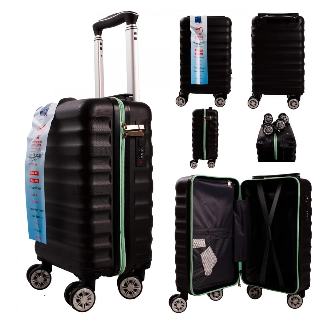 Ryanair Wizzair Lightweight Underseat Carry-On Luggage, 40x25x20 cm, Black, 8-Wheel Spinner Suitcase