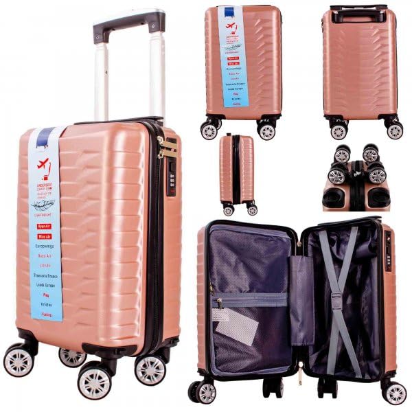 Ryanair Wizzair Lightweight Underseat Carry-On Luggage, 40x25x20 cm, Rosegold, 8-Wheel Spinner Suitcase