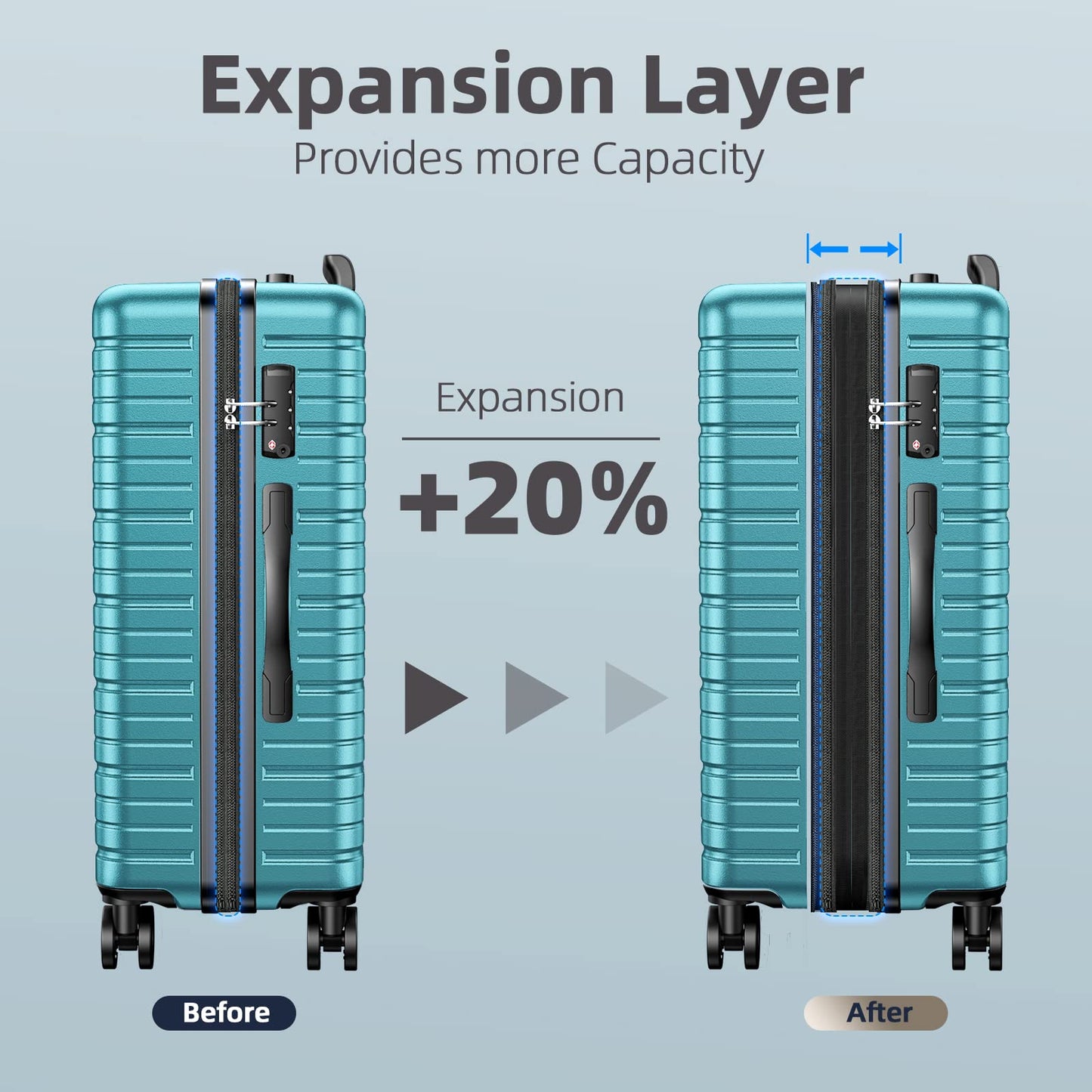BEOW Expandable Luggage Sets 3 Piece Hardshell Lightweight PC+ABS Suitcase Spinner Wheels TSA Lock, Teal Blue