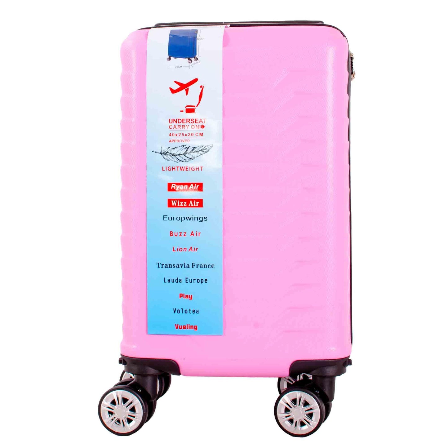Ryanair Wizzair Lightweight Underseat Carry-On Luggage, 40x25x20 cm, Pink, 8-Wheel Spinner Suitcase