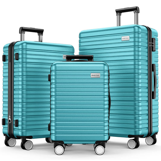 BEOW Expandable Luggage Sets 3 Piece Hardshell Lightweight PC+ABS Suitcase Spinner Wheels TSA Lock, Teal Blue