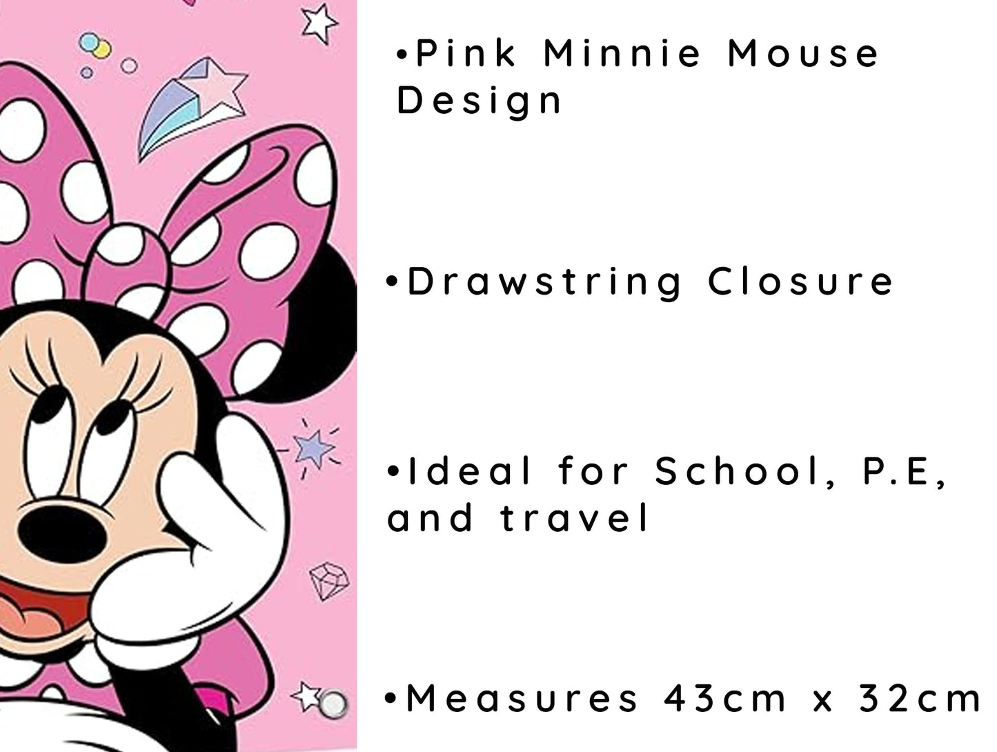 TDL Minnie Mouse Pull String Bag Childrens P.E Gym Shoe Swimming Kit Drawstring Bag For Kids, Pink, One Size