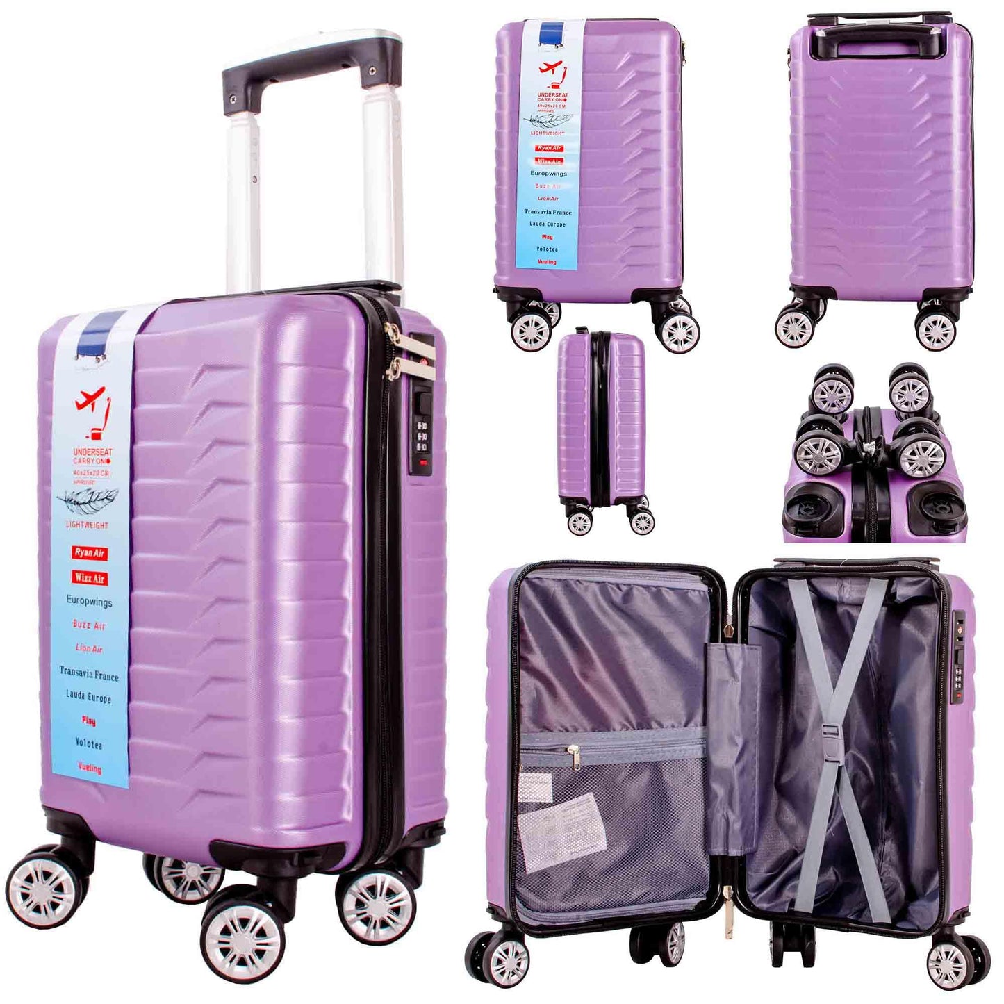 Ryanair Wizzair Lightweight Underseat Carry-On Luggage, 40x25x20 cm, Purple, 8-Wheel Spinner Suitcase