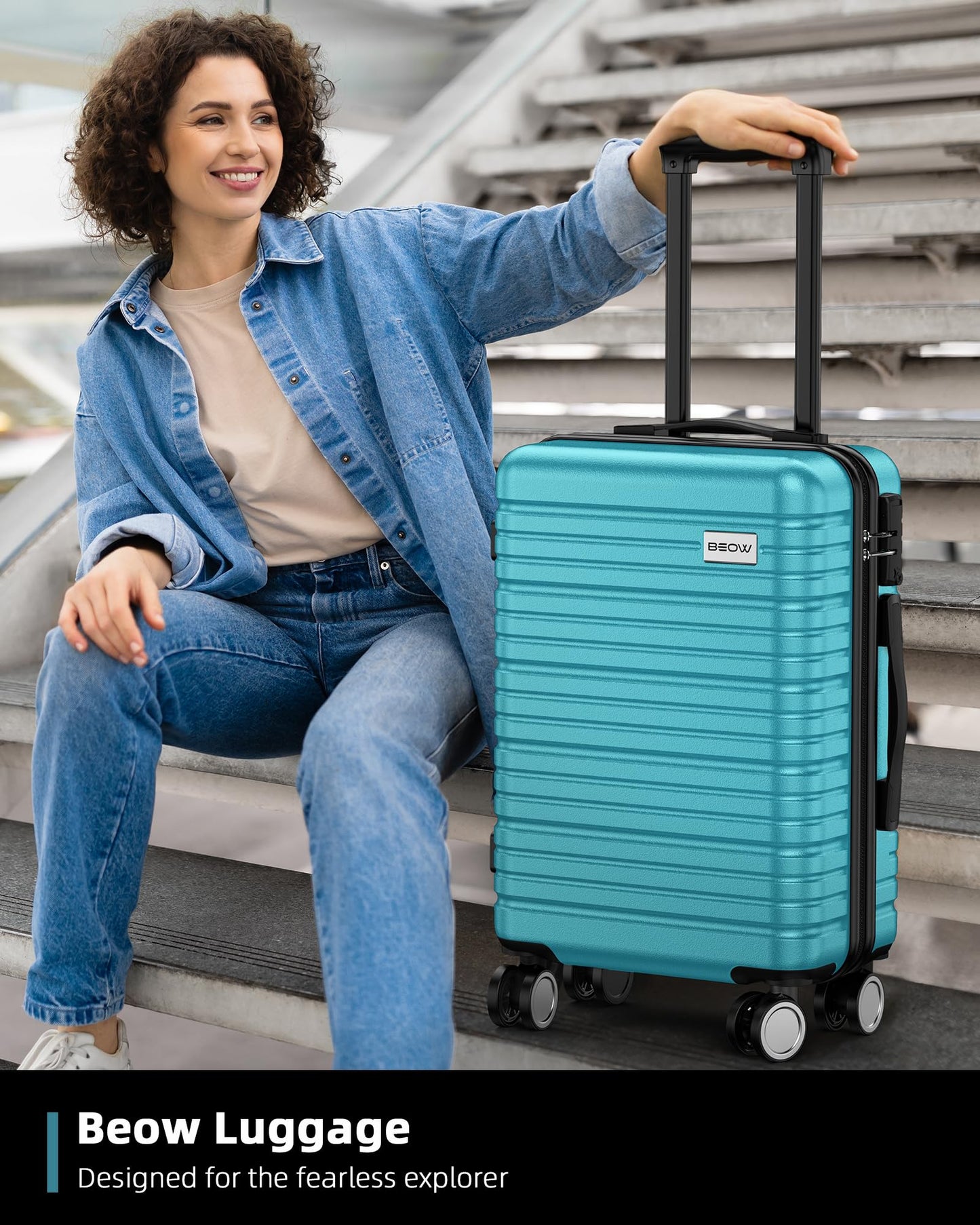 BEOW Expandable Luggage Sets 3 Piece Hardshell Lightweight PC+ABS Suitcase Spinner Wheels TSA Lock, Teal Blue
