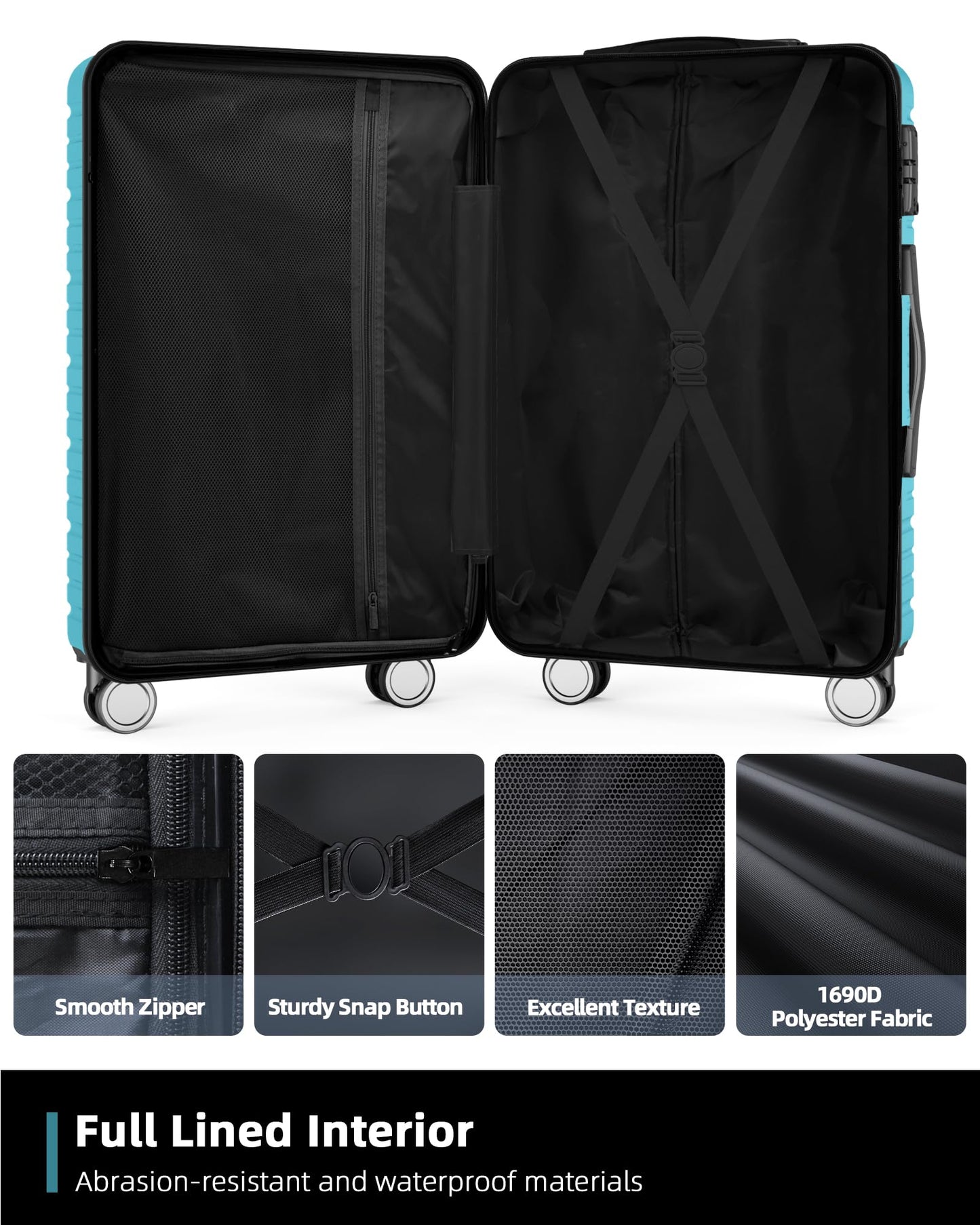 BEOW Expandable Luggage Sets 3 Piece Hardshell Lightweight PC+ABS Suitcase Spinner Wheels TSA Lock, Teal Blue