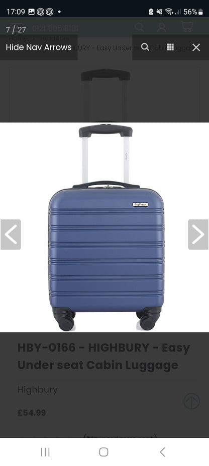 Highbury Easyjet Jet2 underseat approved hardshell trolley suitcase 45x36x20cm including wheels in Navy, Grey, Gold and Sage Green colour
