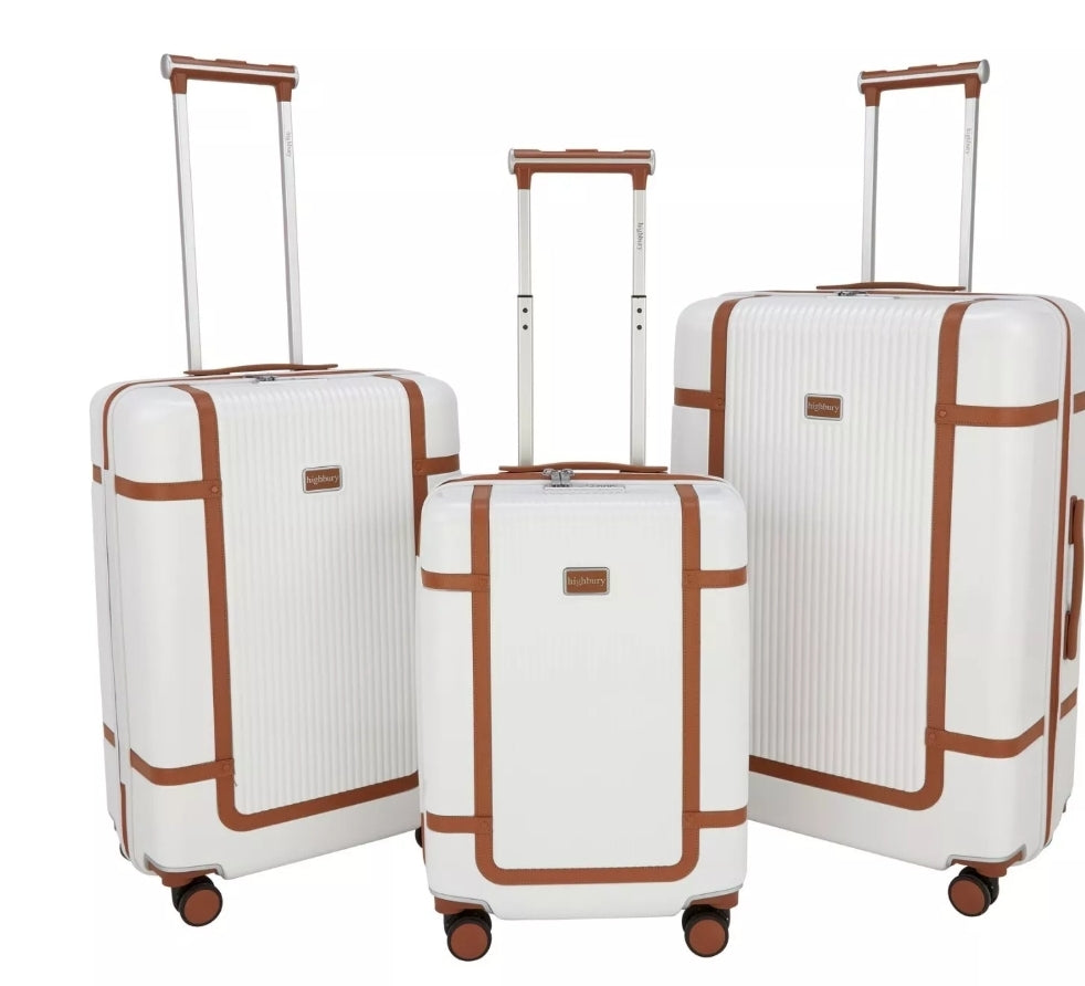 Highbury Elegance TSA Strong Hard 8-Wheel Spinner Luggage Cases 10-Year Warranty White & Tan Trim Travel Suitcases
